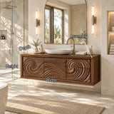 Contoured bath vanity in natural solid wood with sculpted wave doors and clean framing