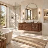 Three panel bath vanity in natural solid wood featuring carved swirls across the front