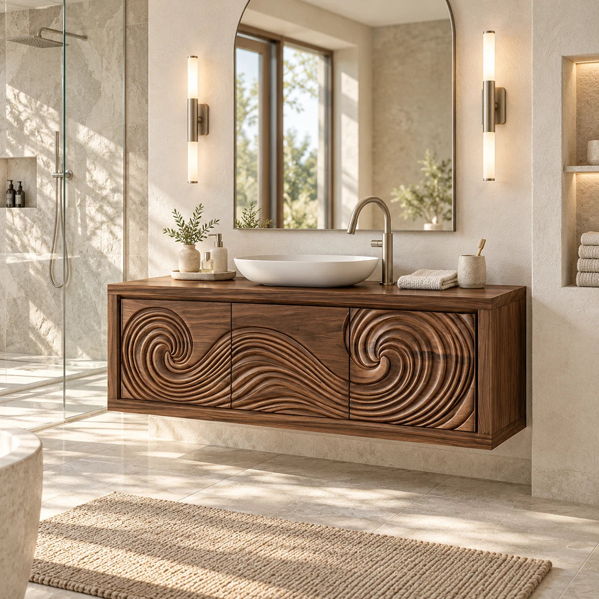 Art inspired bathroom vanity in natural solid wood with mirrored wave relief door panels