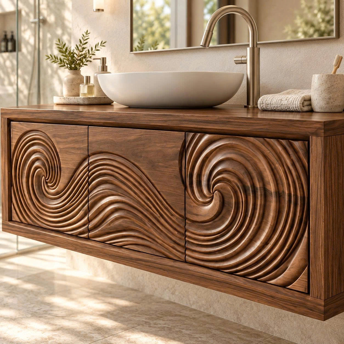 Floating vanity cabinet in natural solid wood defined by bold circular carved frontwork