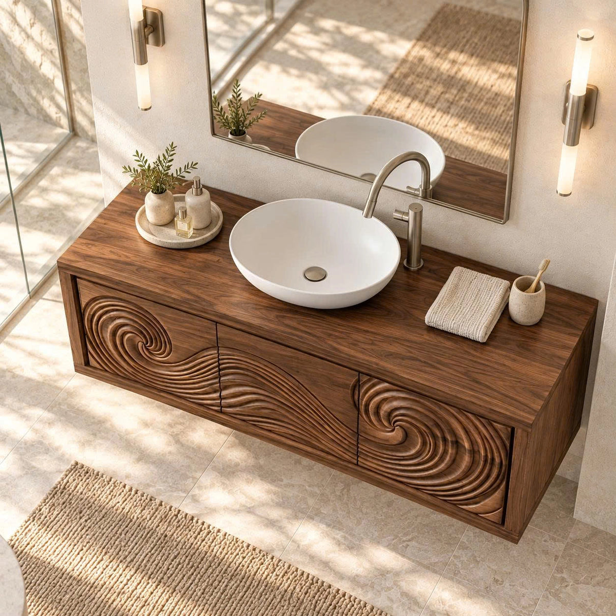 Architectural bath vanity in natural solid wood with continuous spiral relief detailing