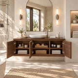 Curved pattern bathroom vanity in natural solid wood with three carved storage doors