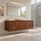 Gallery style vanity in natural solid wood showcasing rhythmic wave and spiral carving