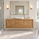 Wall hung bathroom vanity in natural solid wood with dramatic flowing front sculpture