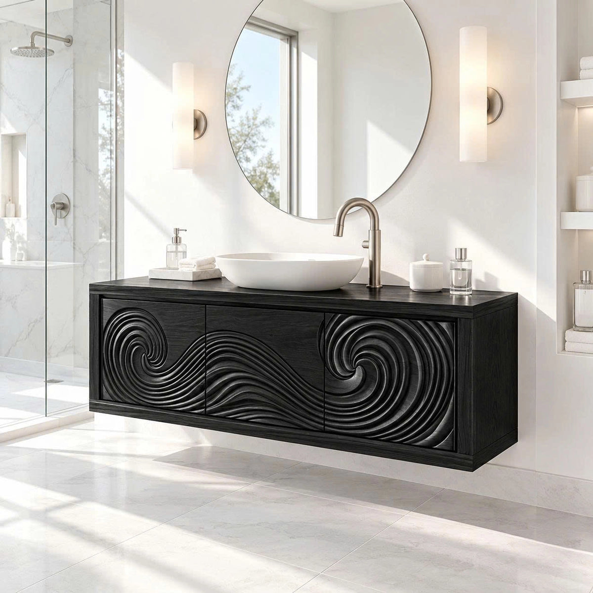 Statement vanity cabinet in natural solid wood with symmetrical swirl carved panels