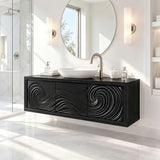 Statement vanity cabinet in natural solid wood with symmetrical swirl carved panels