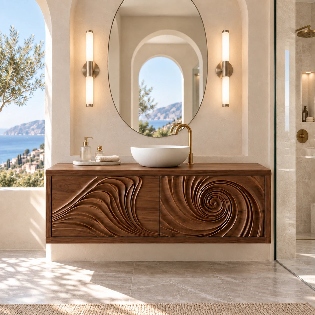 Modern bathroom cabinet in natural solid wood with bold carved swirl front design