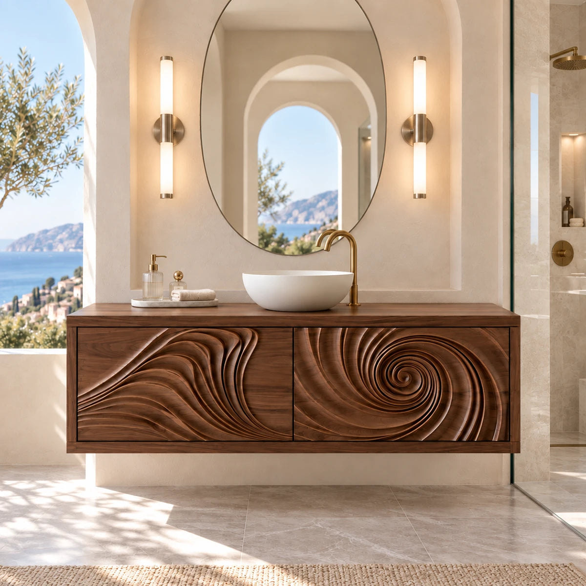 Natural solid wood bathroom vanity with two carved doors and sculptural spiral pattern