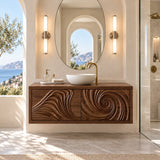 Floating bathroom vanity in natural solid wood with spiral carved doors and clean lines