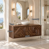 Luxury bath vanity in natural solid wood with deep carved spiral front composition