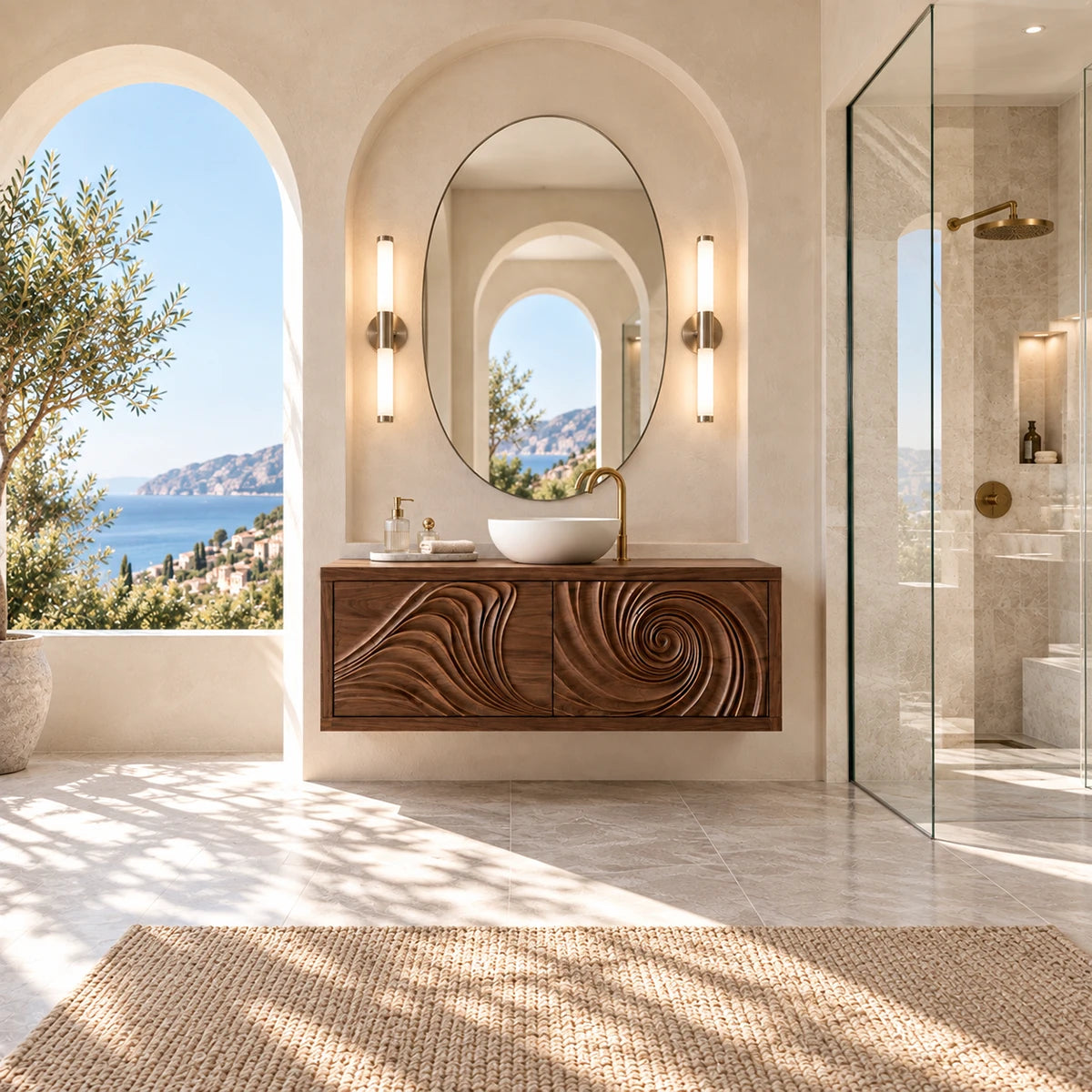 Modern wall mounted vanity in natural solid wood with sculpted swirl front panels