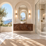 Modern wall mounted vanity in natural solid wood with sculpted swirl front panels
