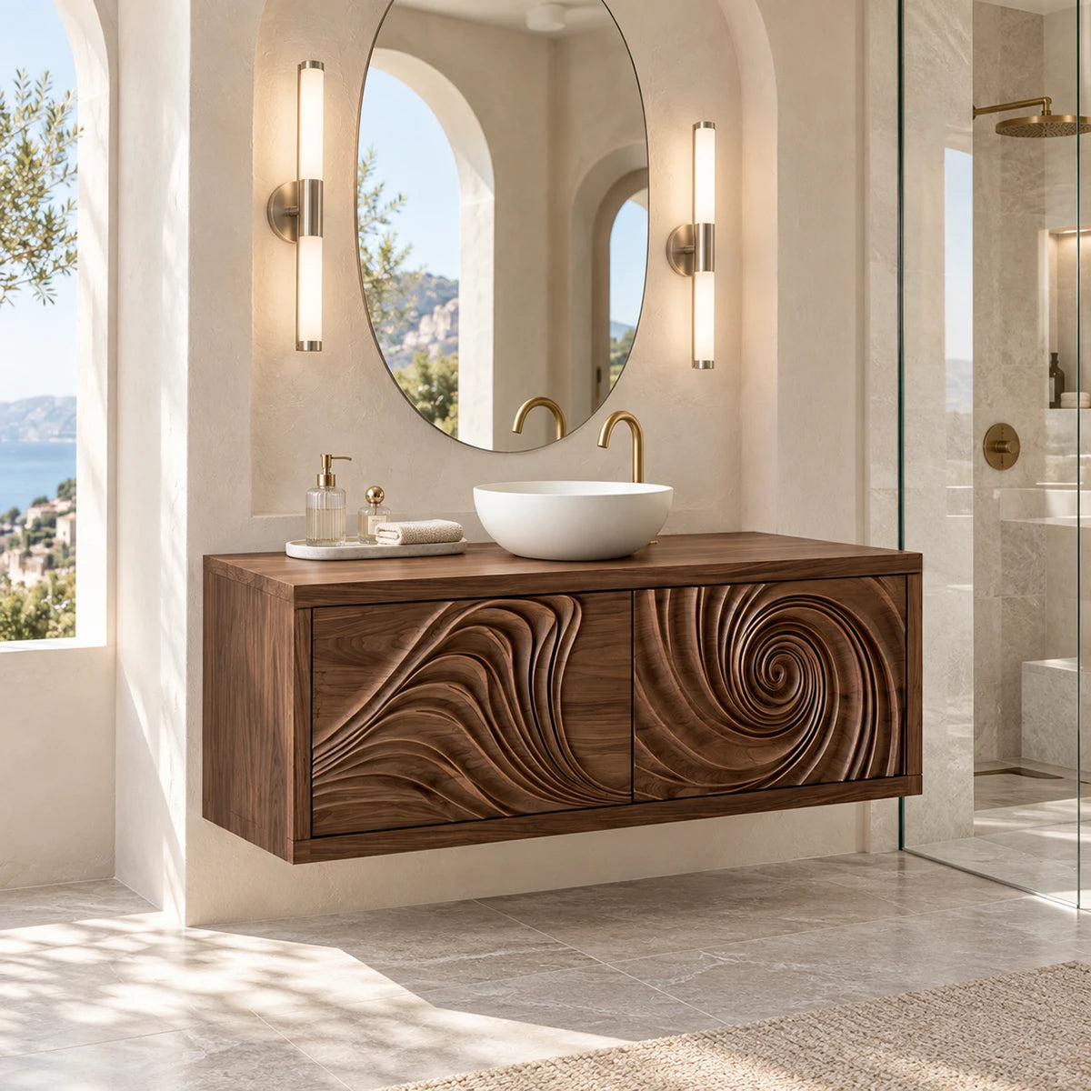 Two door bathroom vanity in natural solid wood with carved spiral relief front design