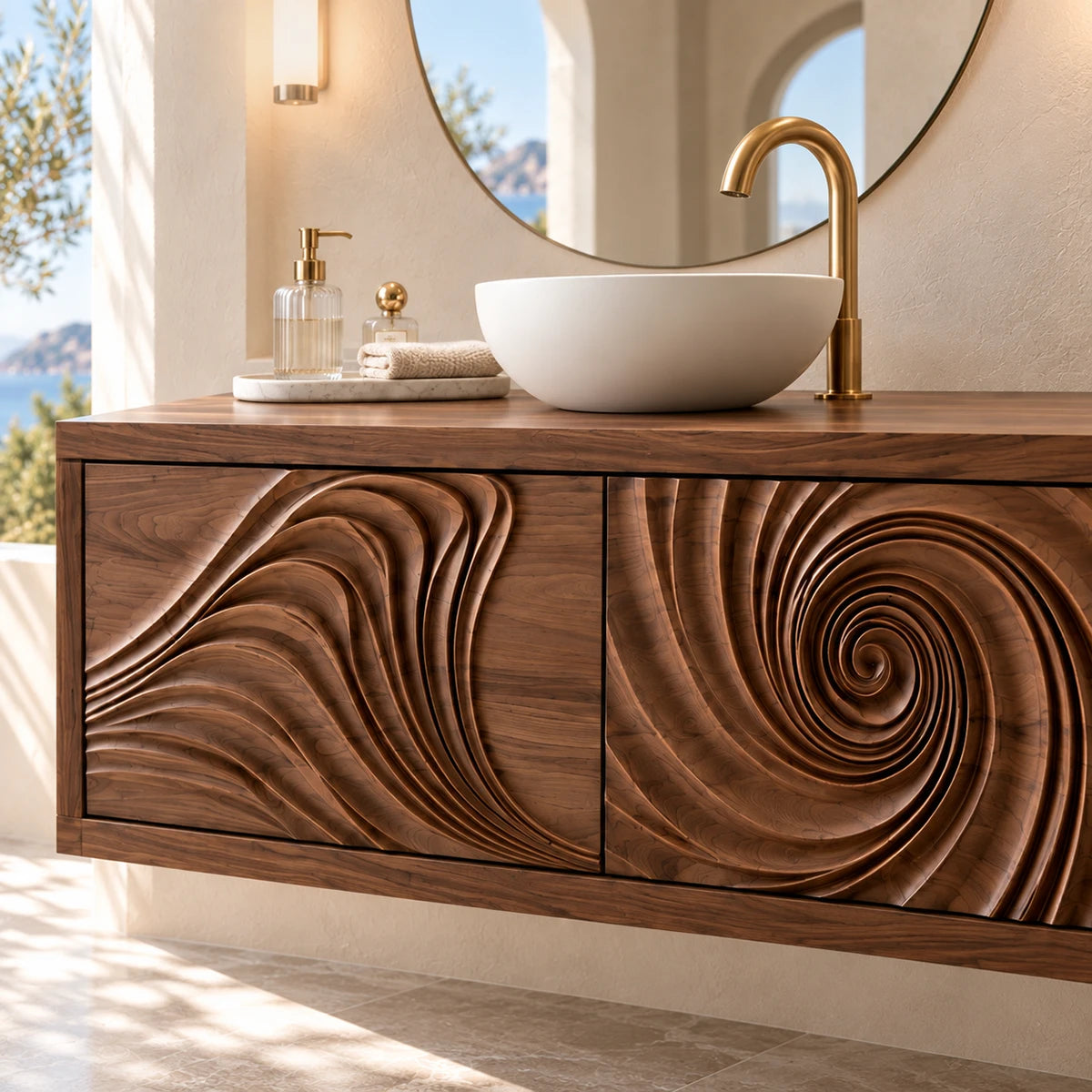 Contemporary bath vanity in natural solid wood with artistic carved cabinet fronts