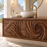 Contemporary bath vanity in natural solid wood with artistic carved cabinet fronts