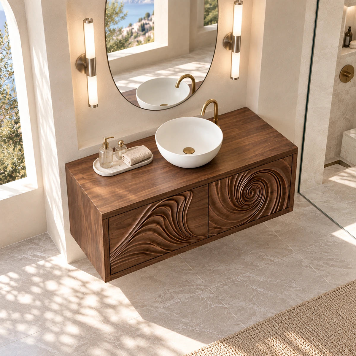 Designer vanity cabinet in natural solid wood with dramatic swirl door detailing