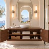 Minimalist bathroom vanity in natural solid wood with floating form and carved fronts