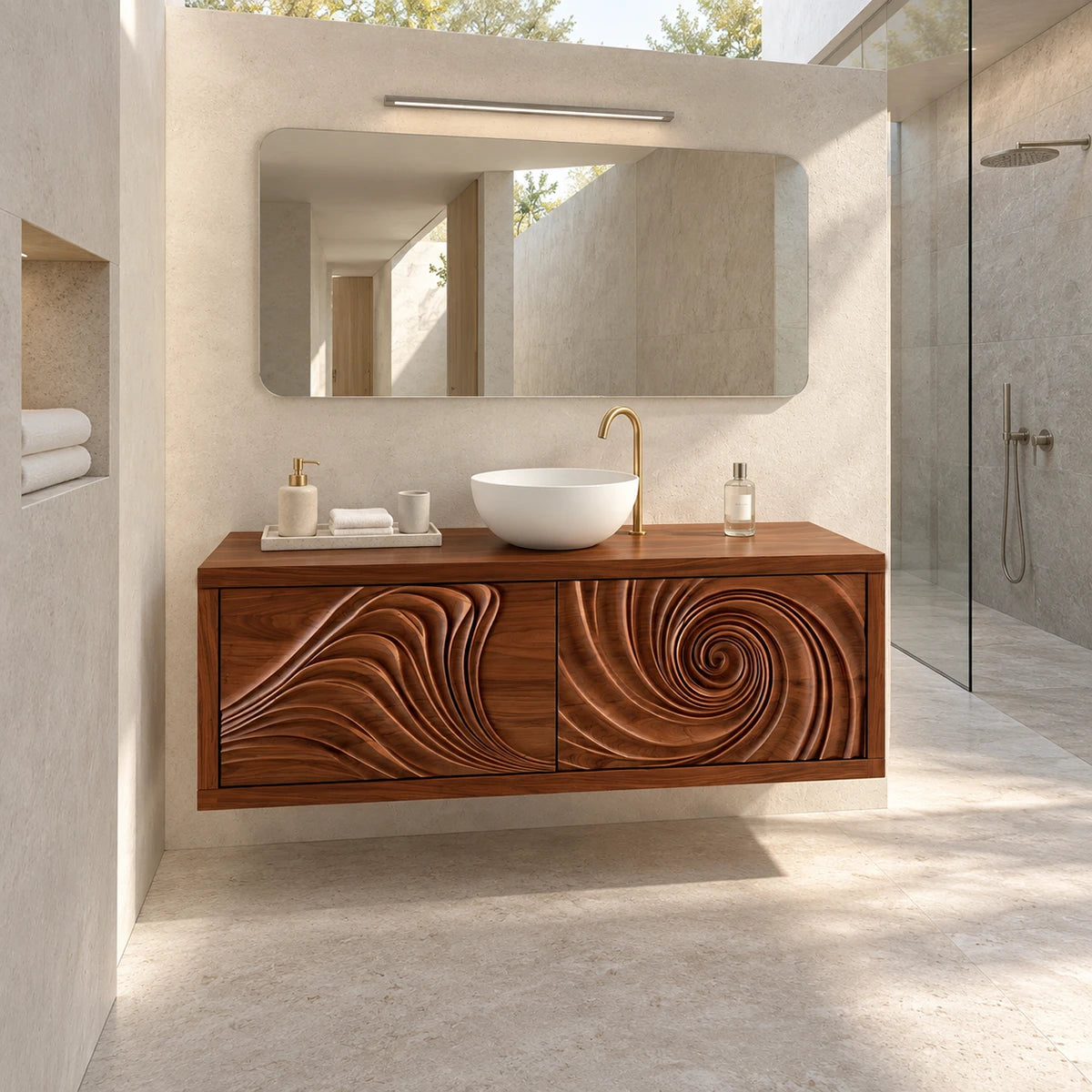 Statement bath vanity in natural solid wood with sculptural spiral cabinet doors