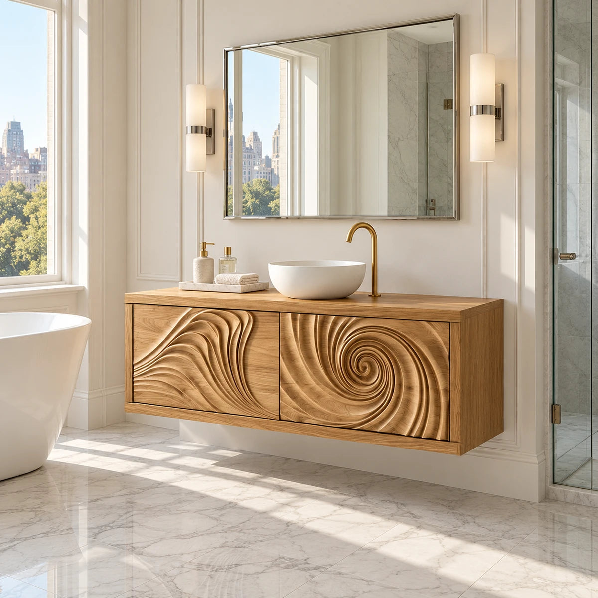 Refined wall hung vanity in natural solid wood with carved wave and swirl patterns