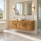Refined wall hung vanity in natural solid wood with carved wave and swirl patterns
