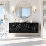 Artistic bathroom vanity in natural solid wood with two textured doors and sleek frame