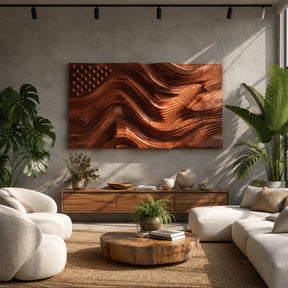 Abstract wall art with star motifs and flowing relief adds depth to a modern living room