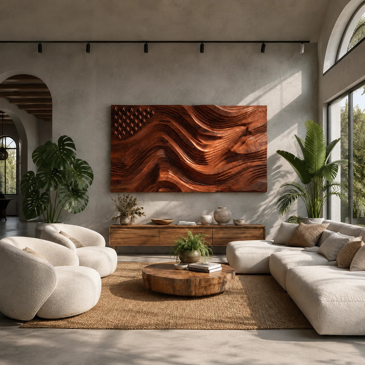 Layered wall sculpture with carved waves creates bold movement across a refined interior