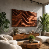 A large relief wall panel with sweeping contours brings texture to contemporary spaces