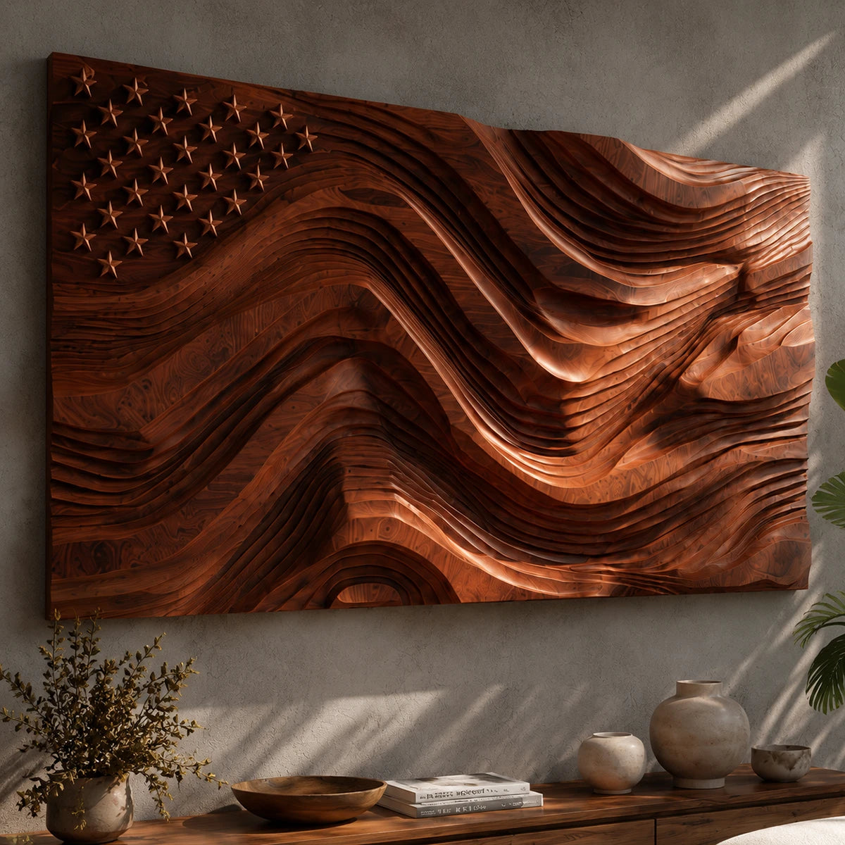 Star detailed wall decor with sculpted layers forms a striking focal point above console