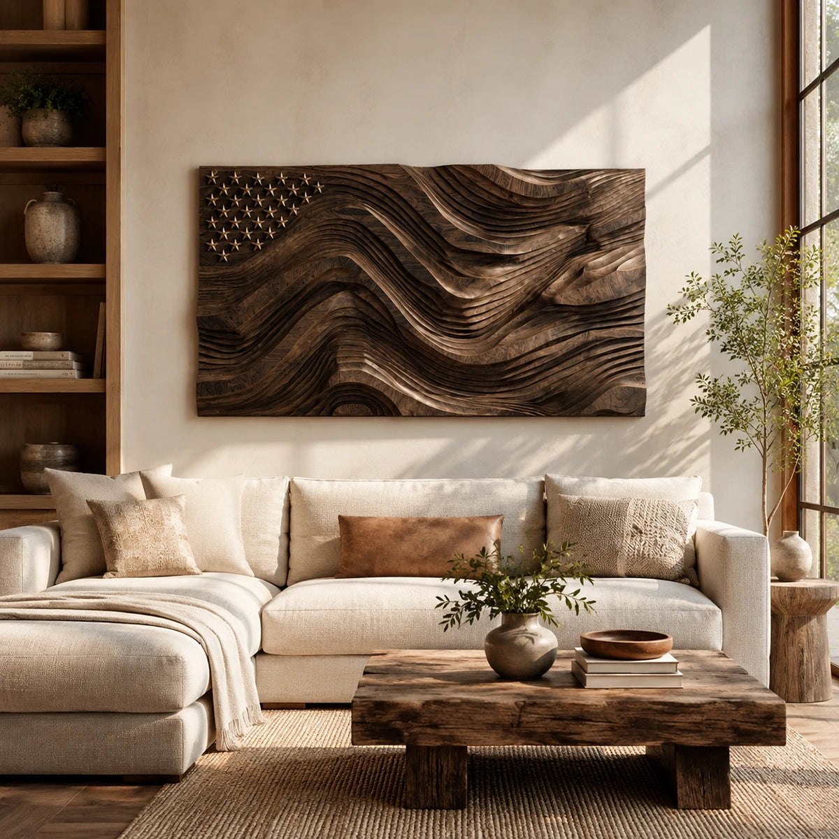Deep carved channels give this modern wall sculpture a strong architectural presence