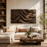 Deep carved channels give this modern wall sculpture a strong architectural presence