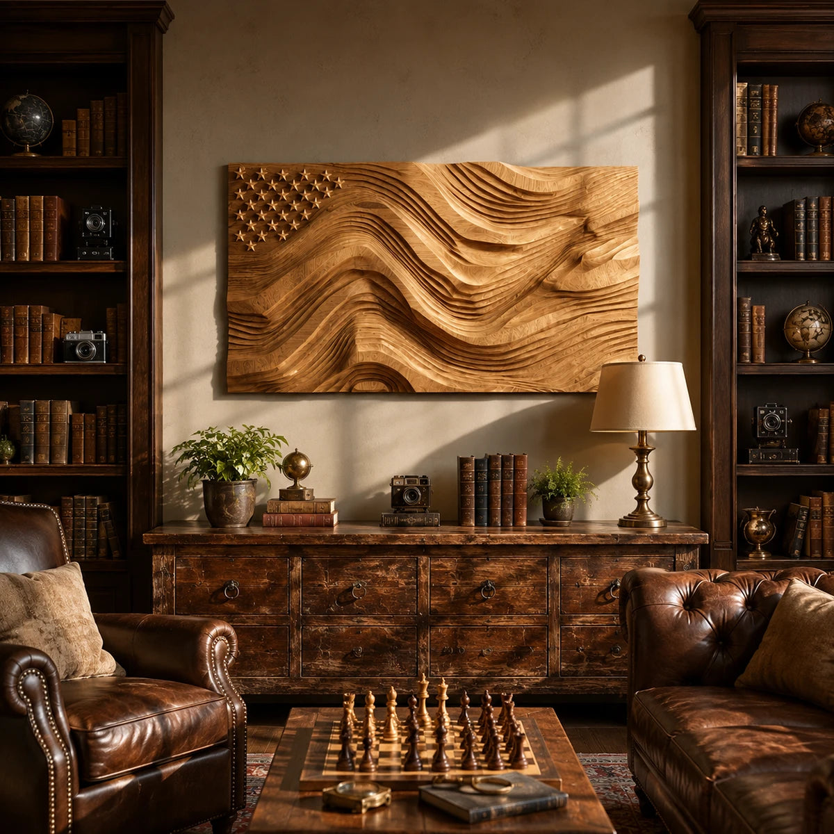 Mounted above storage, the textured wall panel introduces movement and visual dimension