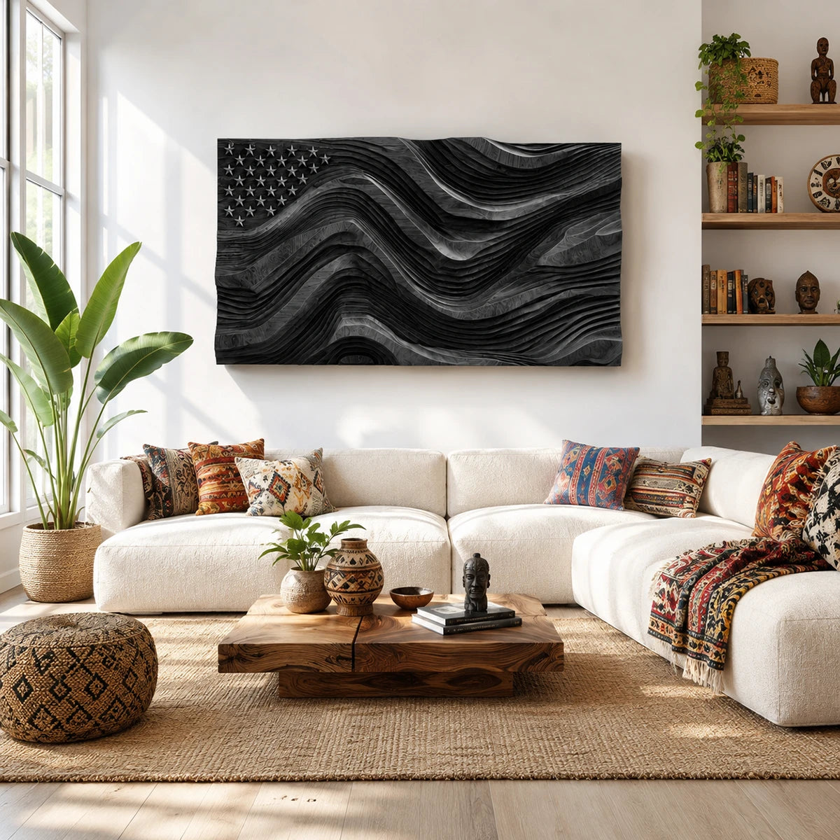 Broad wave relief shapes this artistic wall decor into a refined centerpiece for the room