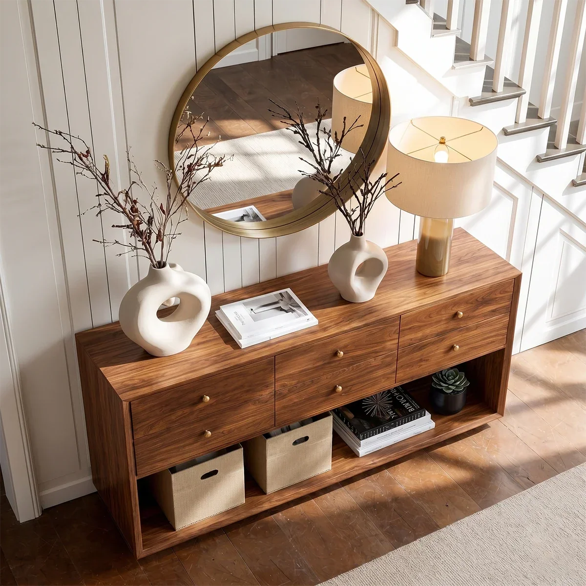Statement Natural Solid Wood Console Table With Six Drawers and Shelf - Arboriswood - 5