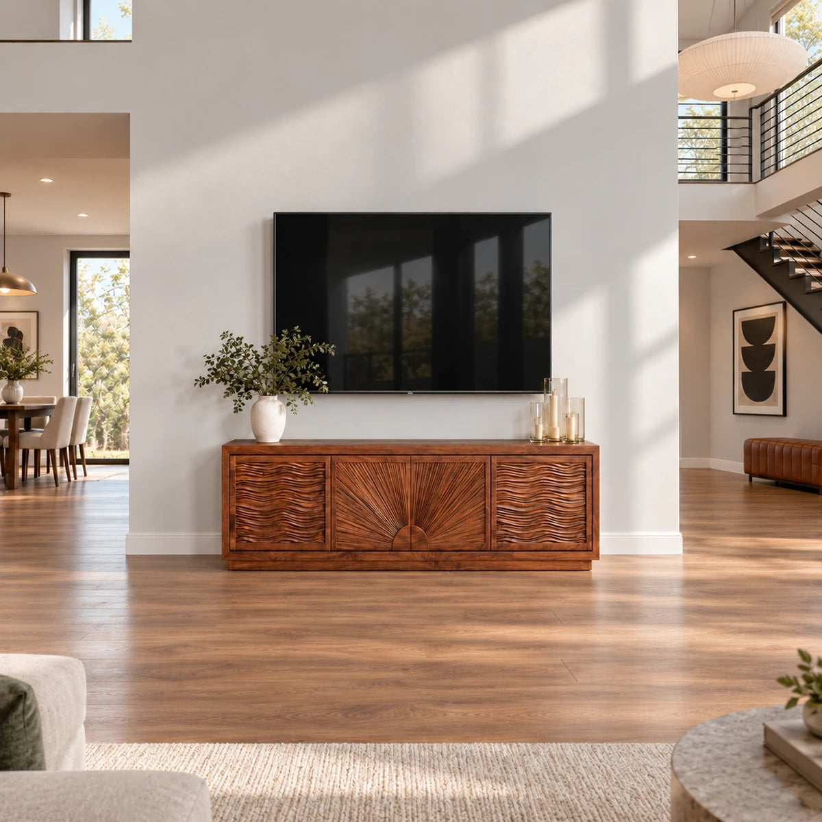 Curated media storage console in solid wood with carved doors and clean lines overall
