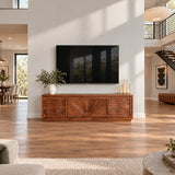 Statement TV media stand in solid wood with textured panels and sleek geometry details
