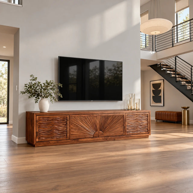 Modern solid wood TV stand with carved wave panels and sunrise center doors front