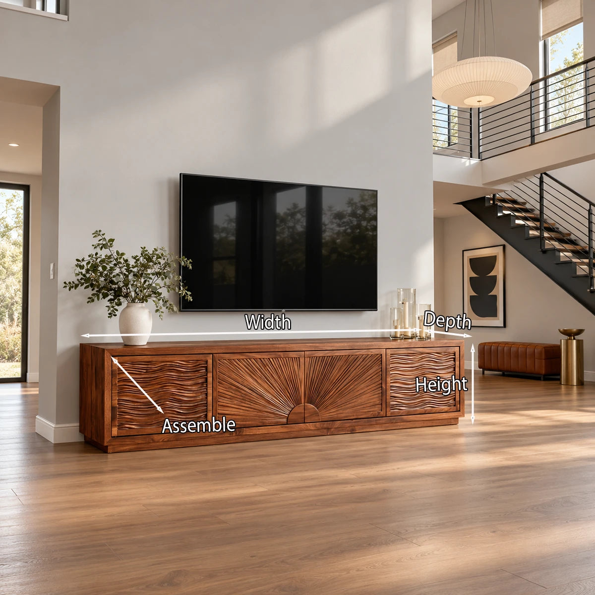 Stylish living room TV stand in solid wood with artful doors and broad storage capacity
