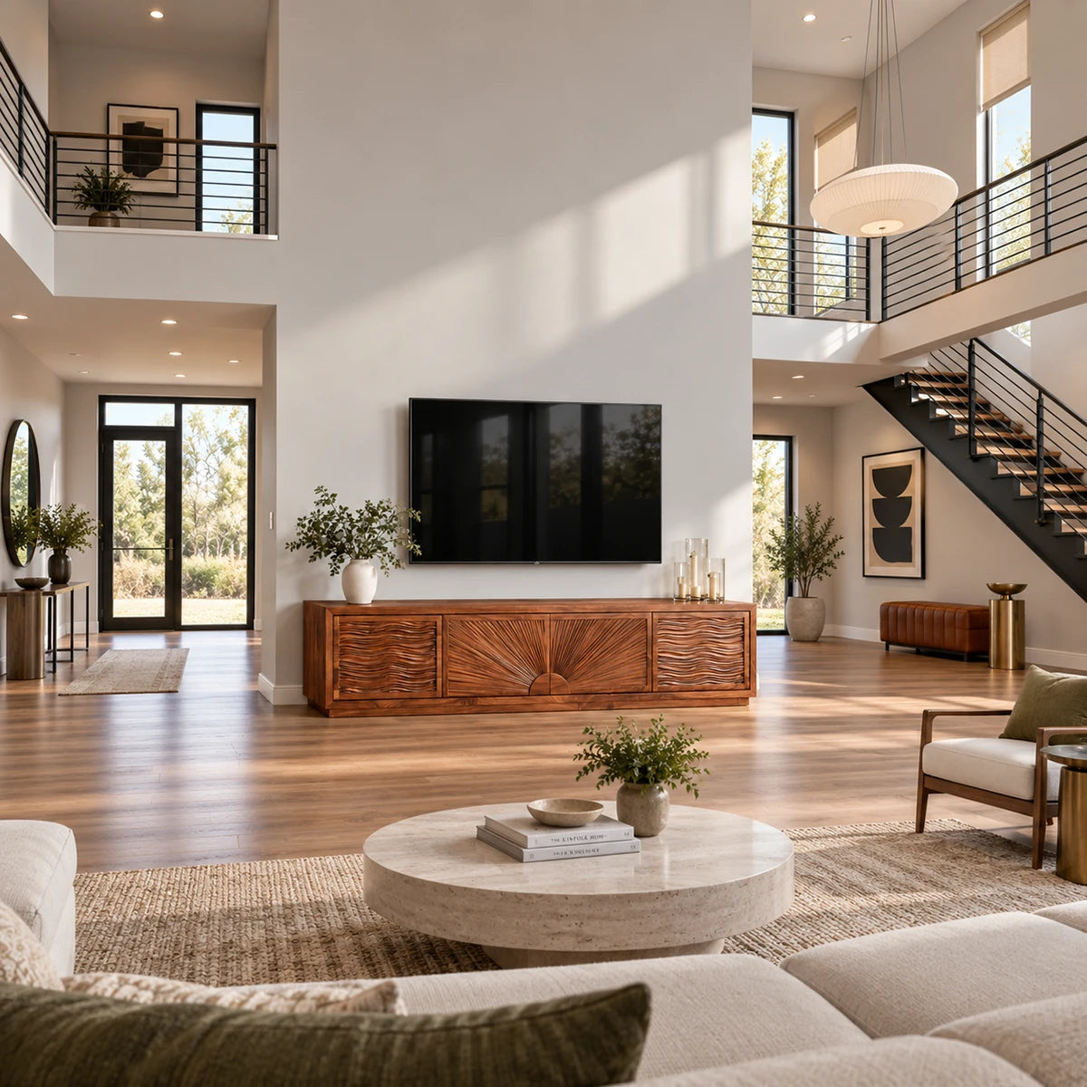 Elegant media console in solid wood with sculpted doors and open display styling