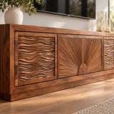 Contemporary TV console in solid wood with textured side doors and center storage
