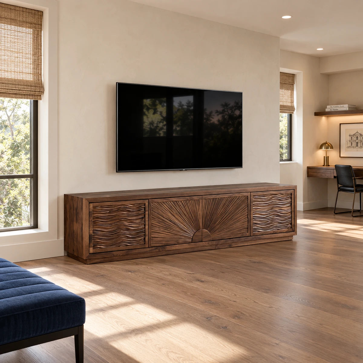Designer TV stand in solid wood with statement carvings and roomy compartments inside
