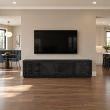 Architectural entertainment console in solid wood with linear frame detailing throughout
