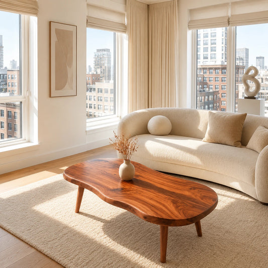 Organic coffee table with freeform top and tapered legs in a bright modern living room