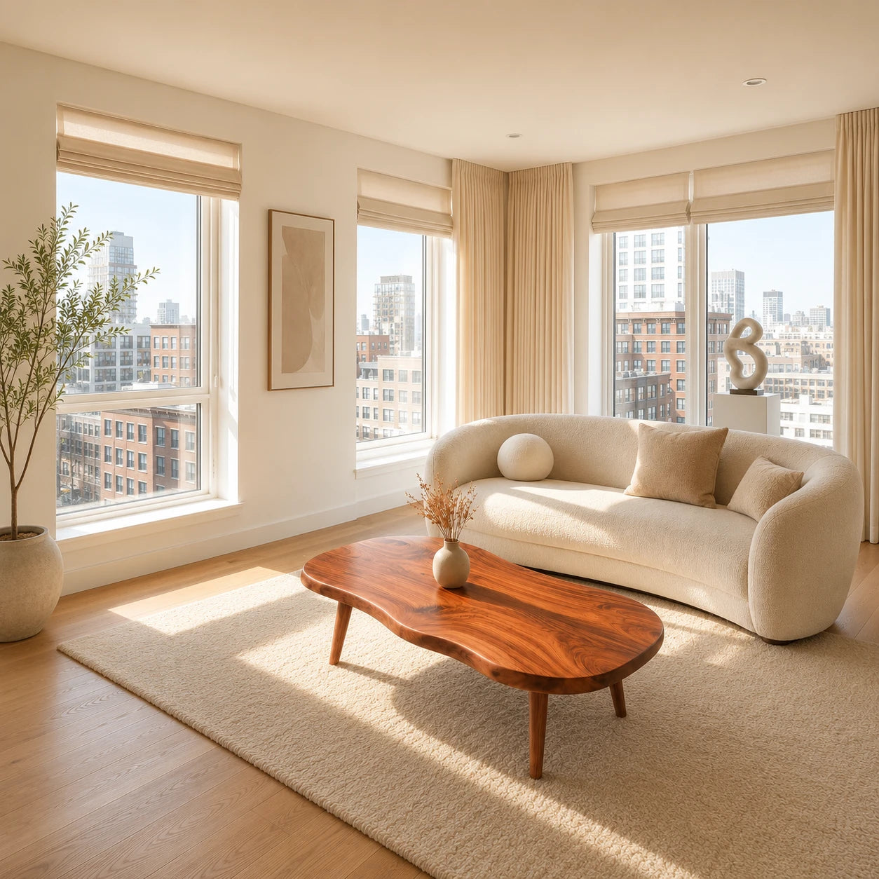 Handcrafted solid wood coffee table with soft curves and a low sculptural profile
