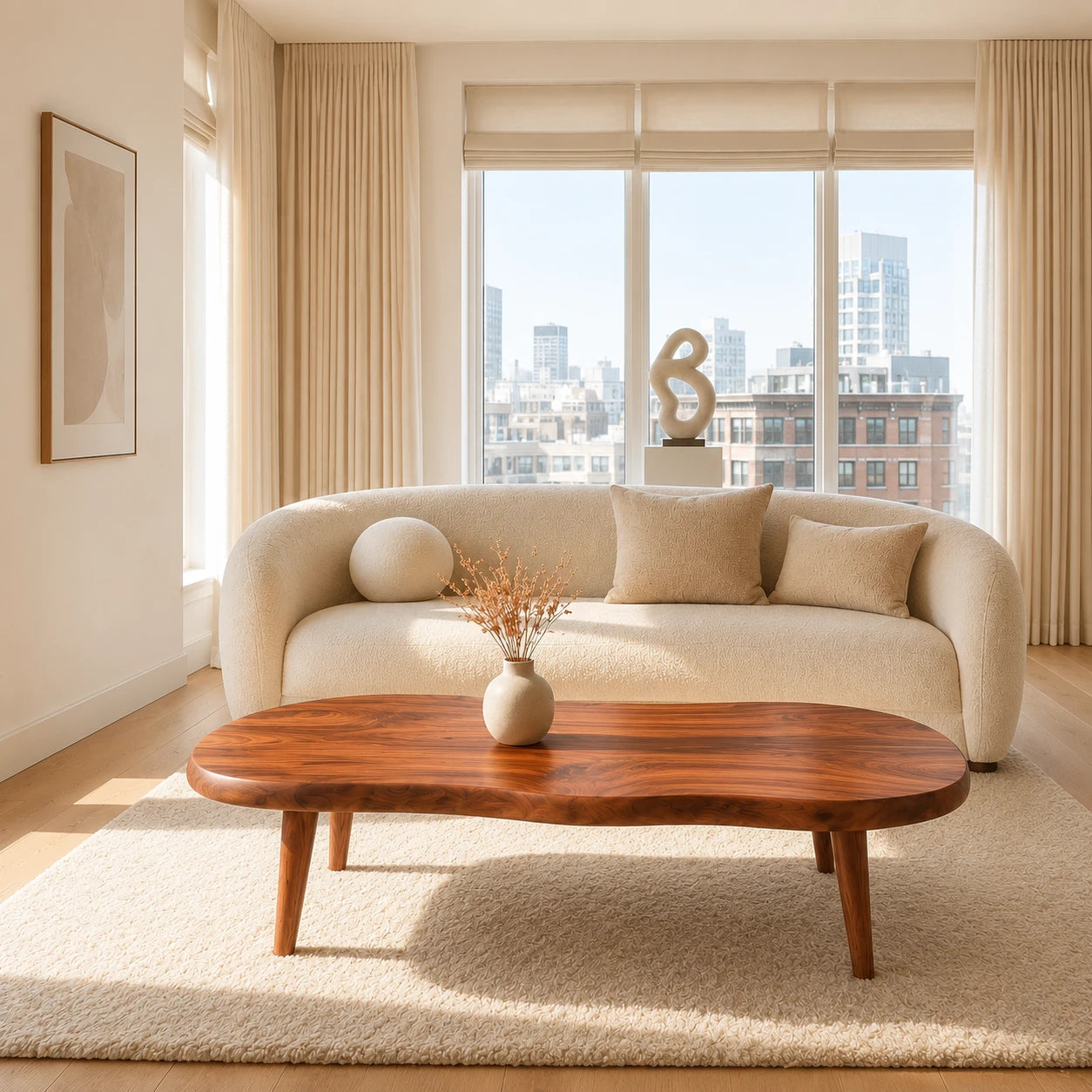 Modern coffee table featuring a flowing top shape and slim tapered solid wood legs