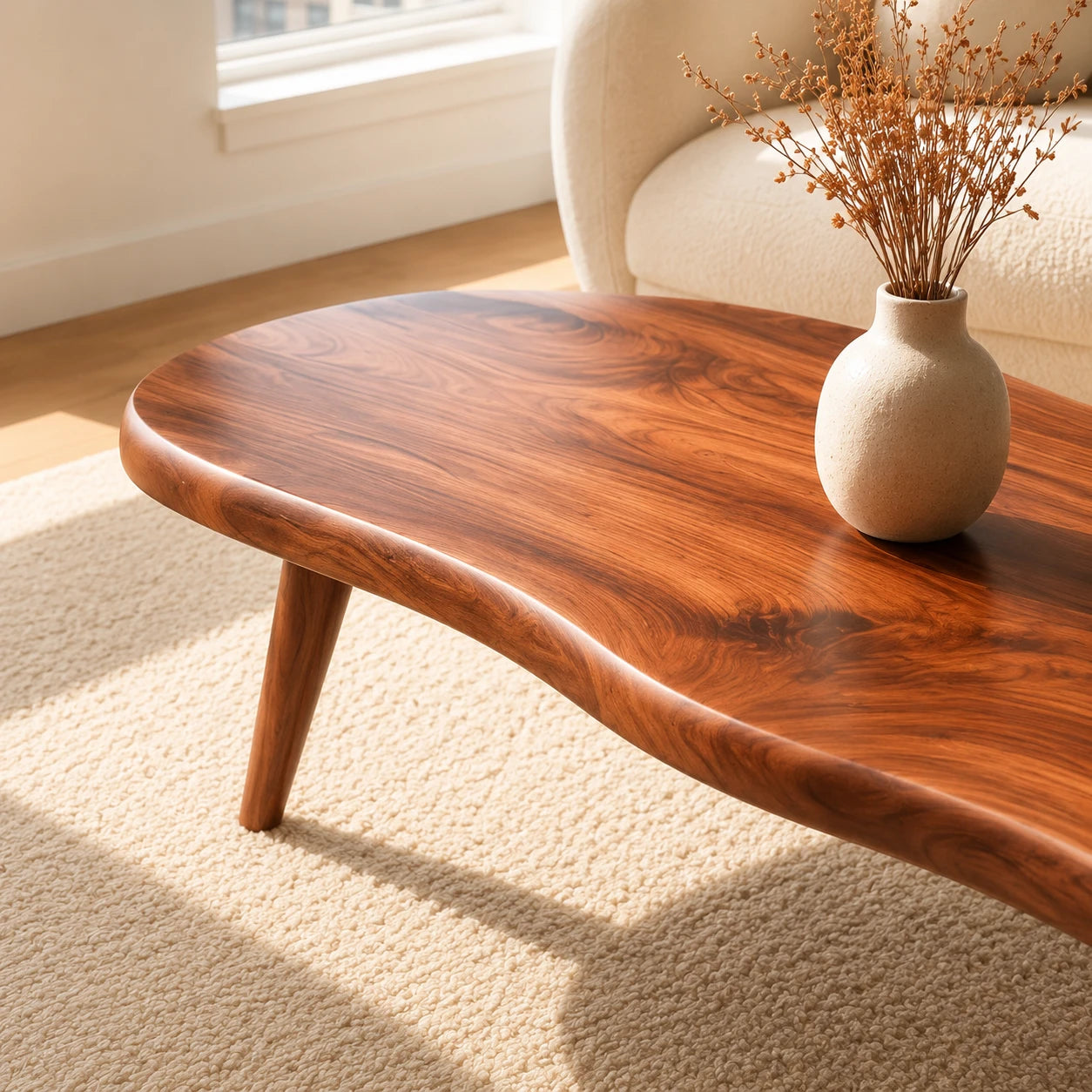 Low profile coffee table with rounded edges and an organic silhouette for airy interiors