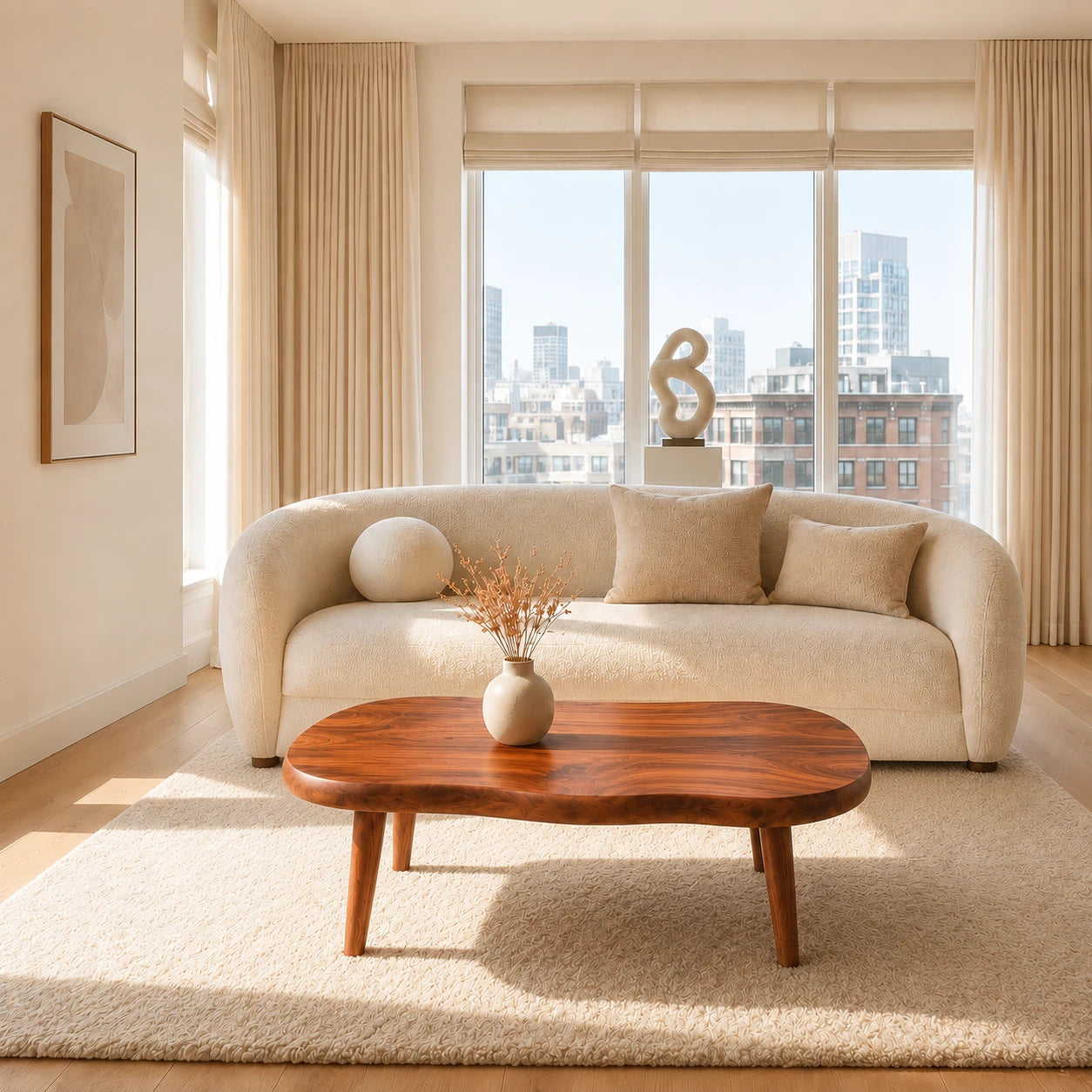 Freeform coffee table with rounded corners and handcrafted solid wood fine detailing