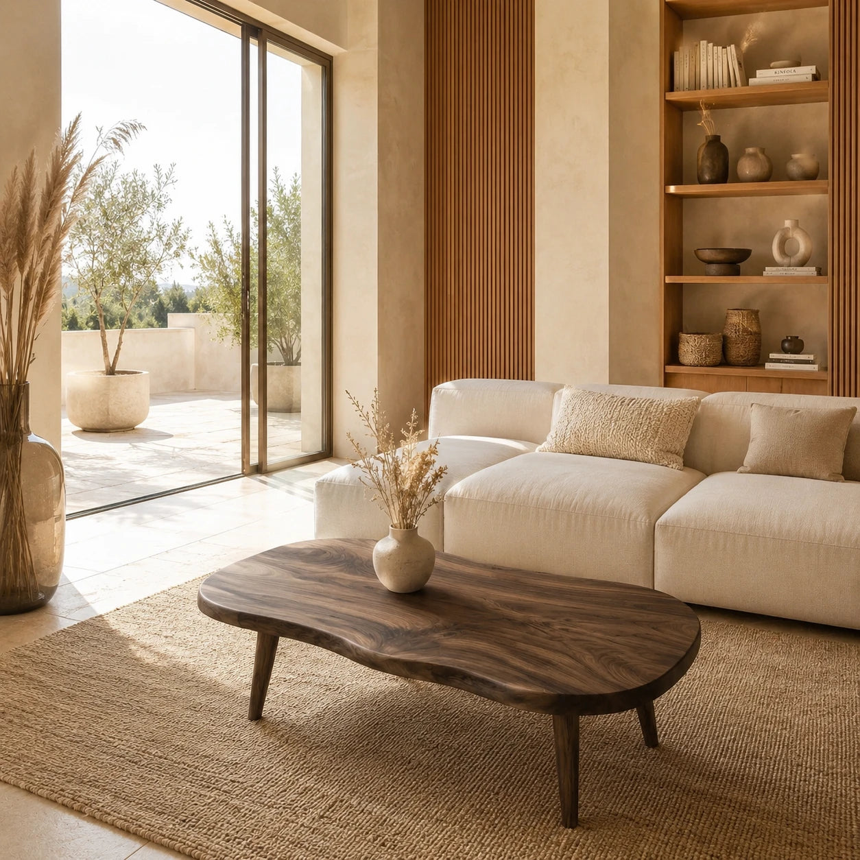 Living room coffee table with smooth freeform edges and a warm natural wood finish