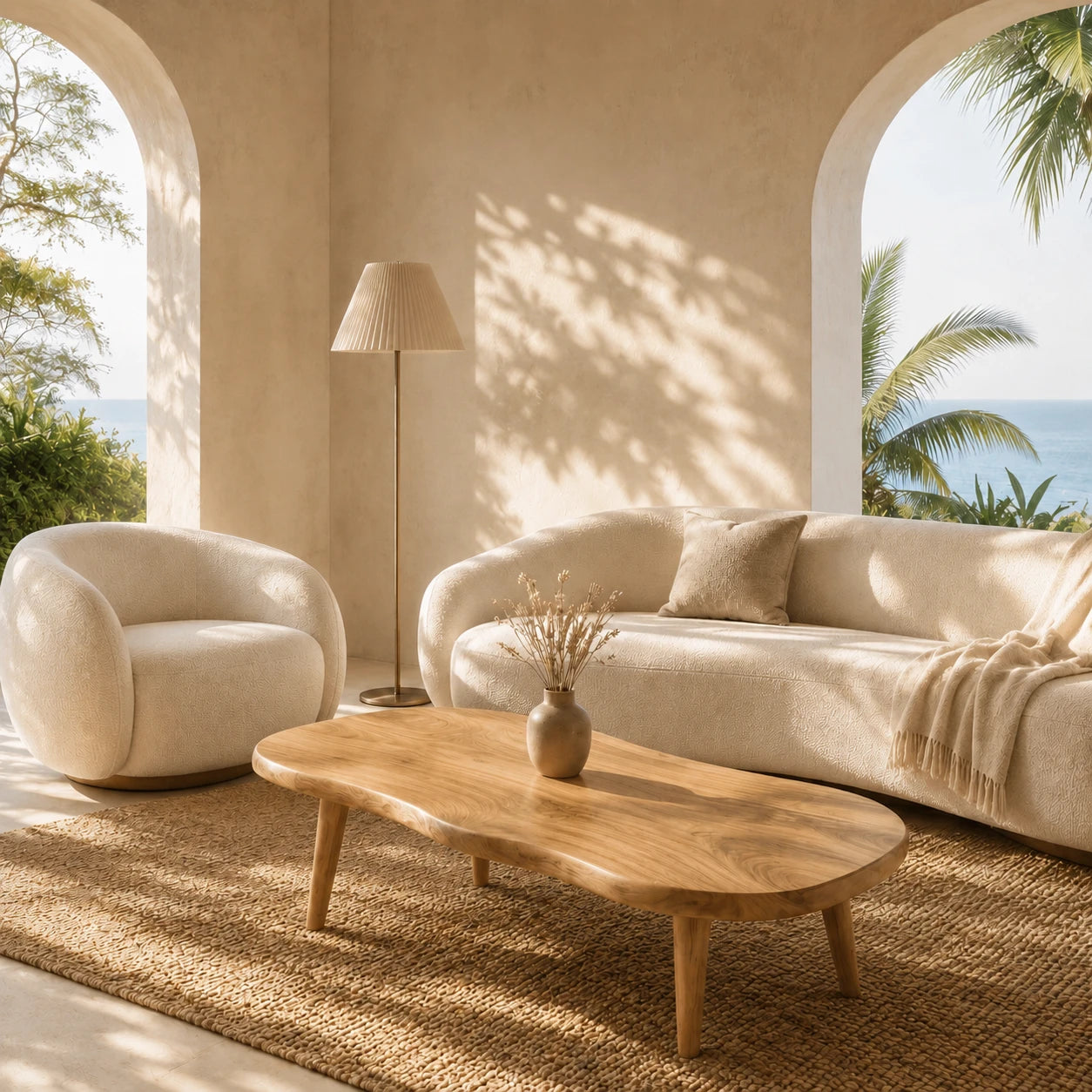 Minimalist coffee table with sculpted curves and slender legs for contemporary spaces