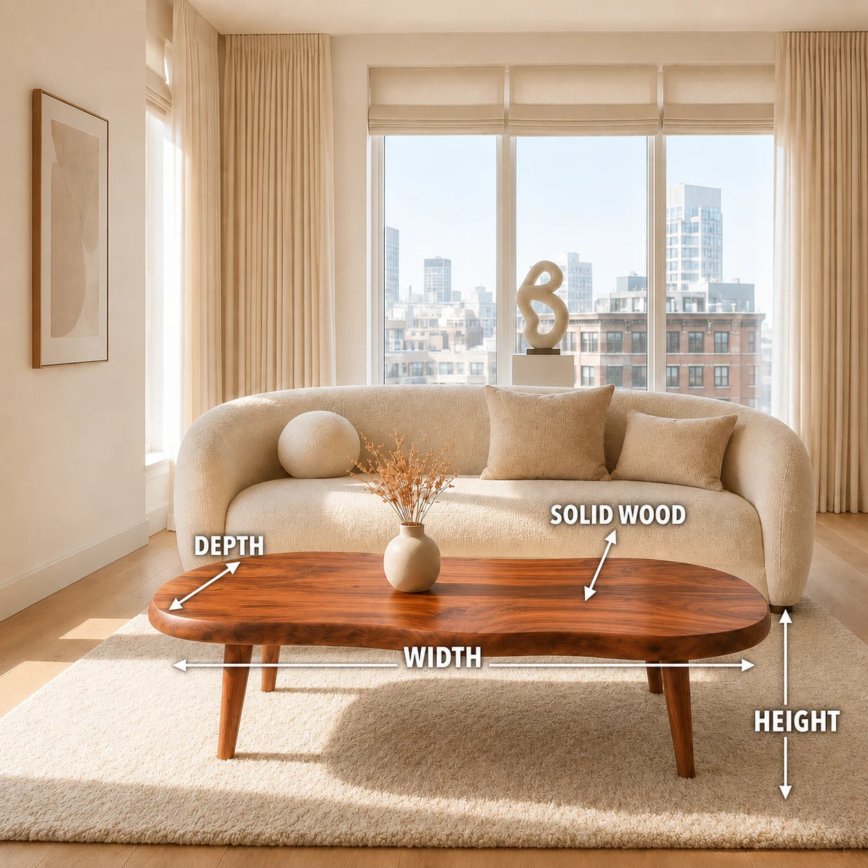 Contemporary coffee table with organic lines and tapered legs in a sunlit city home